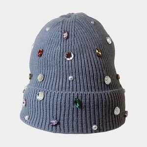 Gray Pearl Crystal Style Winter Beanie Hat Fleece Statement Fashion Accessory